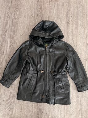 Vintage Danier Kids Black Hooded Leather Jacket size S